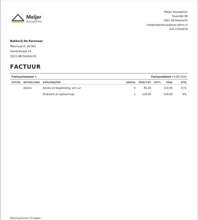 Een factuur als pdf, met bovenaan het logo en de gegevens van de afzender, daaronder het adres van de klant en de factuurregels met hun btw-tarief.